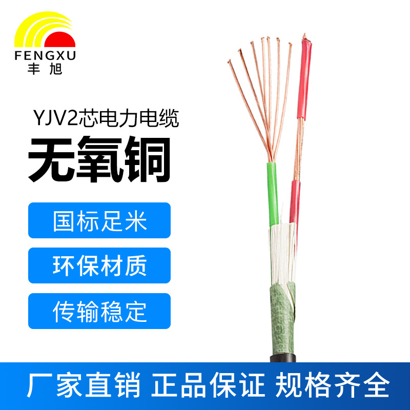丰旭国标2芯纯铜芯阻燃电力电缆ZR-YJV2芯动力电缆低压交联护套线